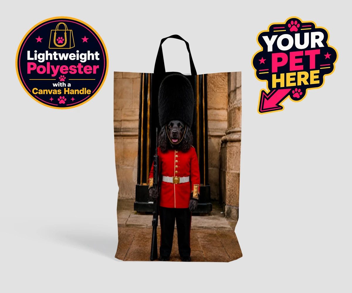 Personalised The Royal Paw Guard dog shopping bags featuring meet The Royal Paw Guard, a delightful portrait that perfectly capture