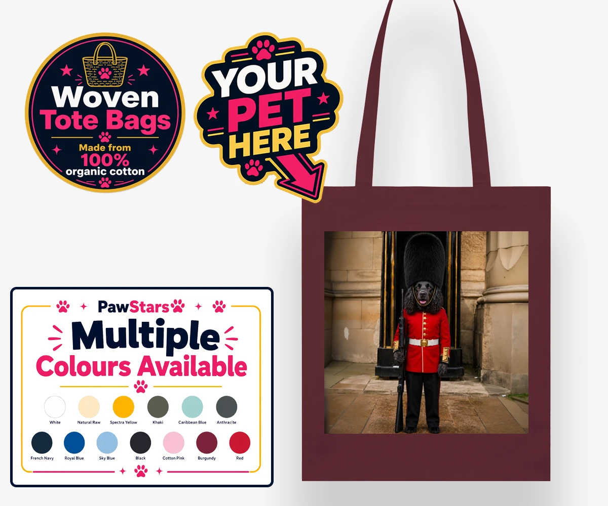 Personalised The Royal Paw Guard dog woven tote bags featuring meet The Royal Paw Guard, a delightful portrait that perfectly capture