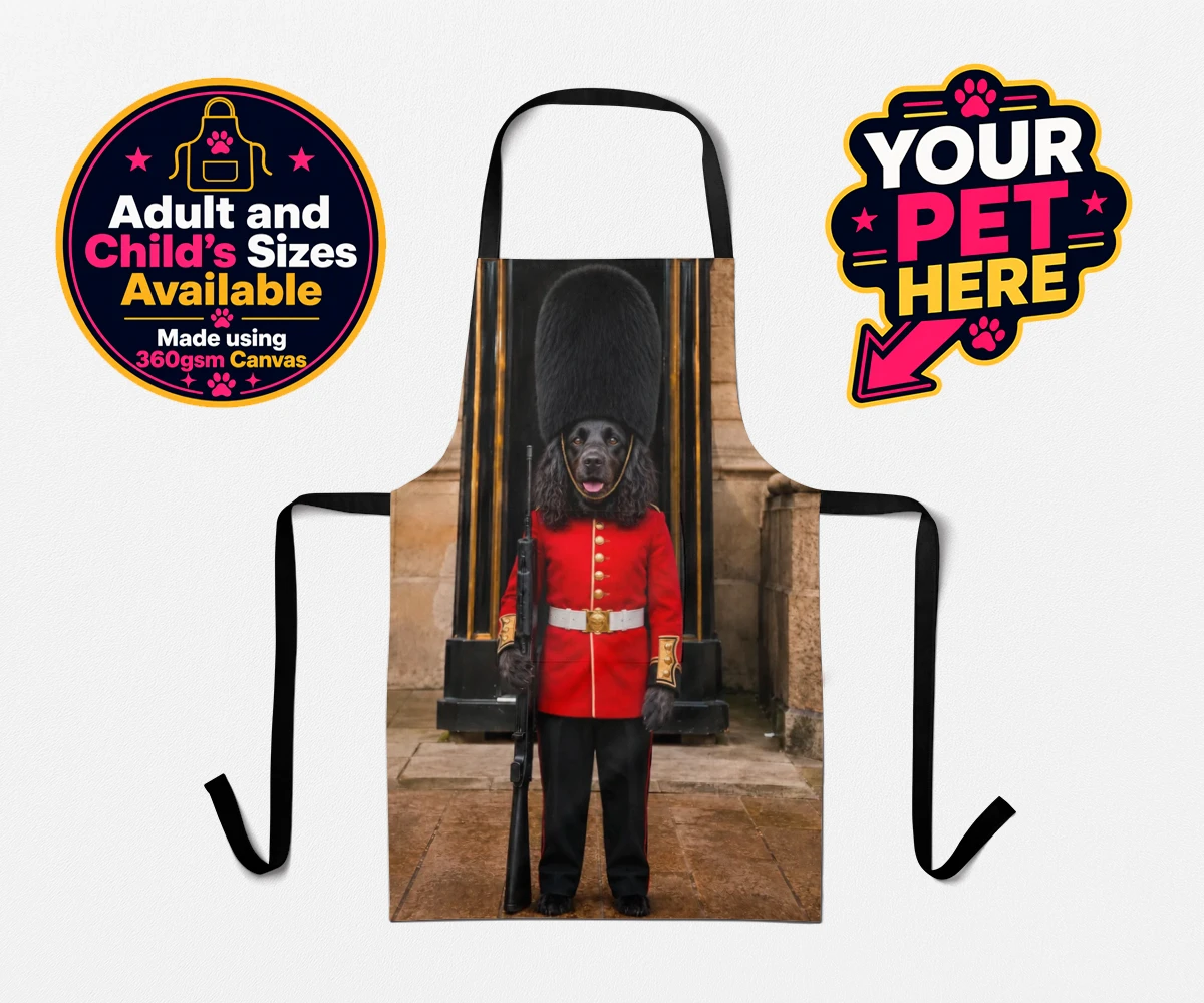 Personalised The Royal Paw Guard dog aprons featuring meet The Royal Paw Guard, a delightful portrait that perfectly capture