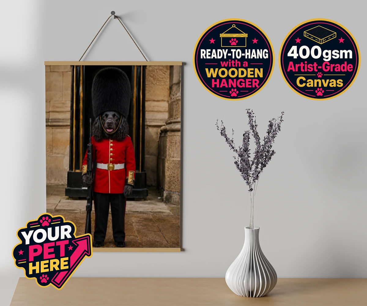 Personalised The Royal Paw Guard dog canvas poster prints with hanger featuring meet The Royal Paw Guard, a delightful portrait that perfectly capture