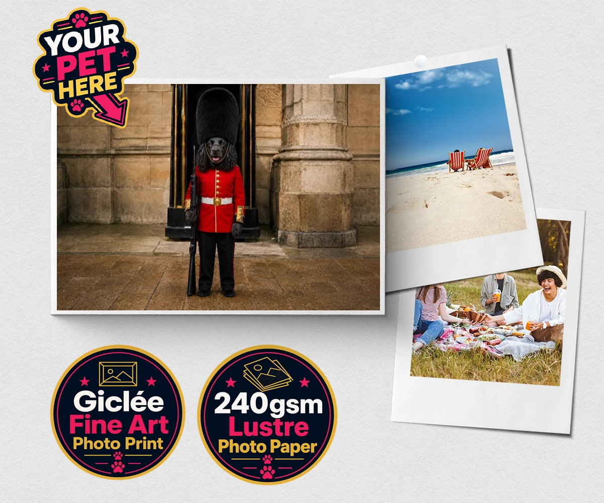 Personalised The Royal Paw Guard dog premium photo print featuring meet The Royal Paw Guard, a delightful portrait that perfectly capture