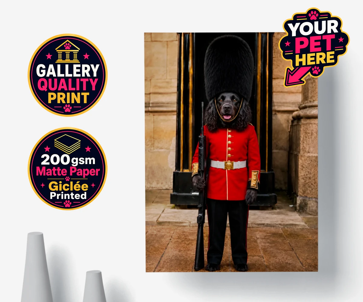 Poster print of The Royal Paw Guard, a dog in a red tunic and bearskin hat, showcasing royal flair and charm.