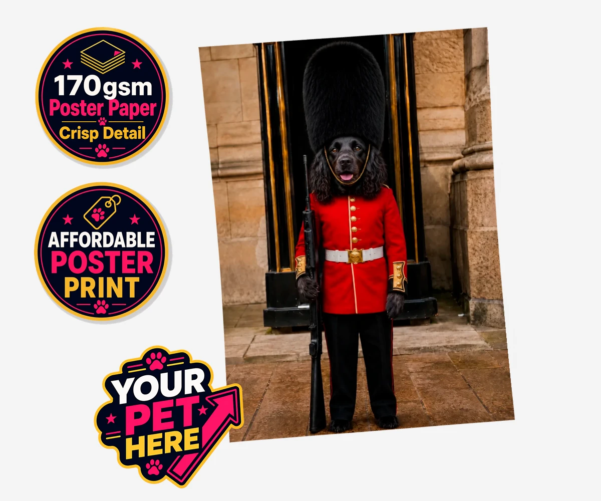Personalised The Royal Paw Guard dog standard poster print featuring meet The Royal Paw Guard, a delightful portrait that perfectly capture