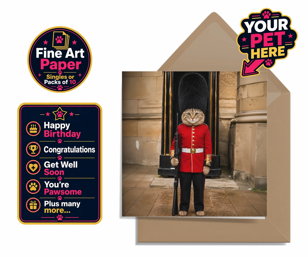 Personalised The Royal Paw Guard cat premium greetings cards
