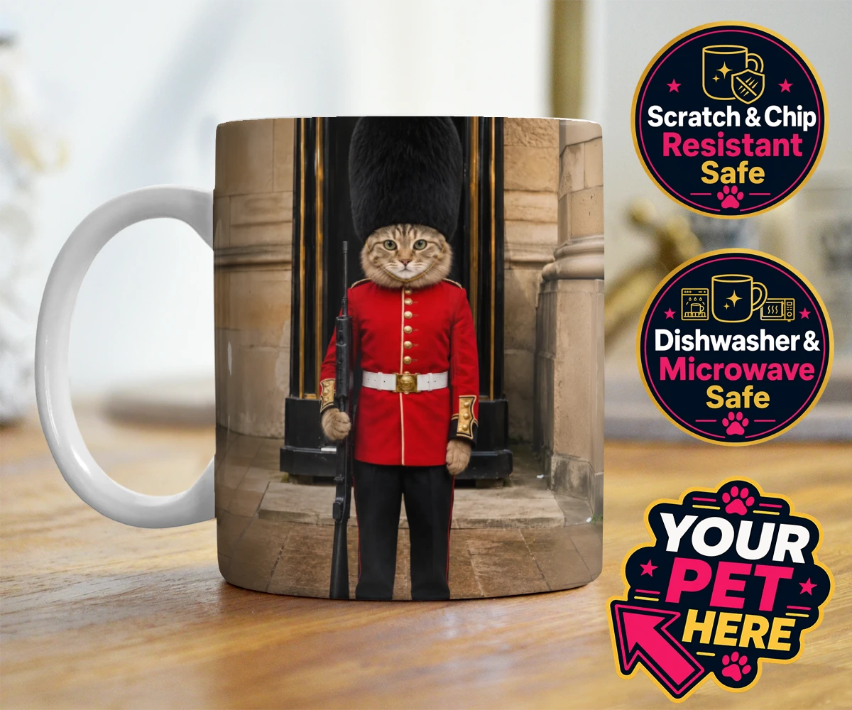 Personalised The Royal Paw Guard cat photo mugs