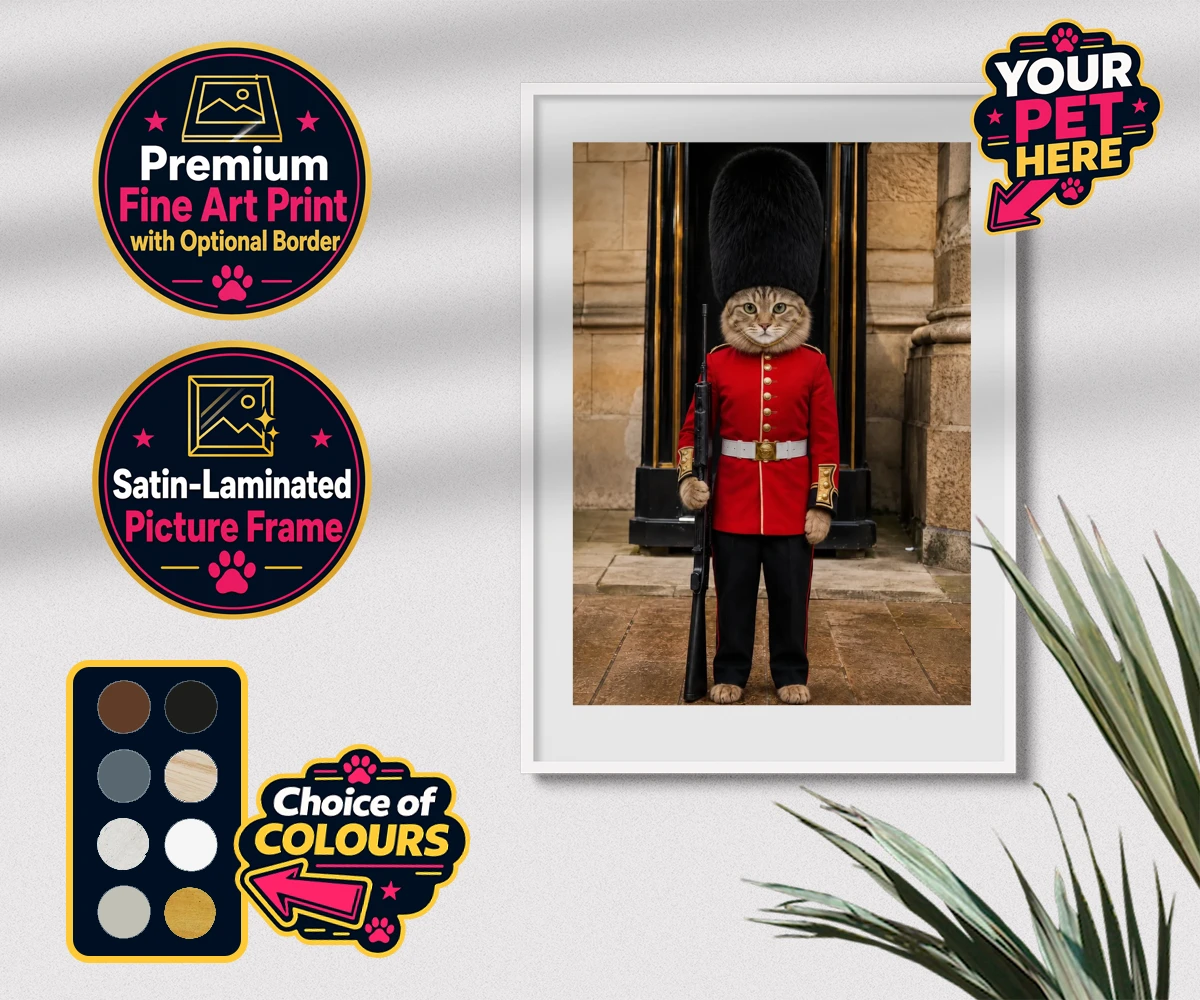 Personalised The Royal Paw Guard cat premium framed print
