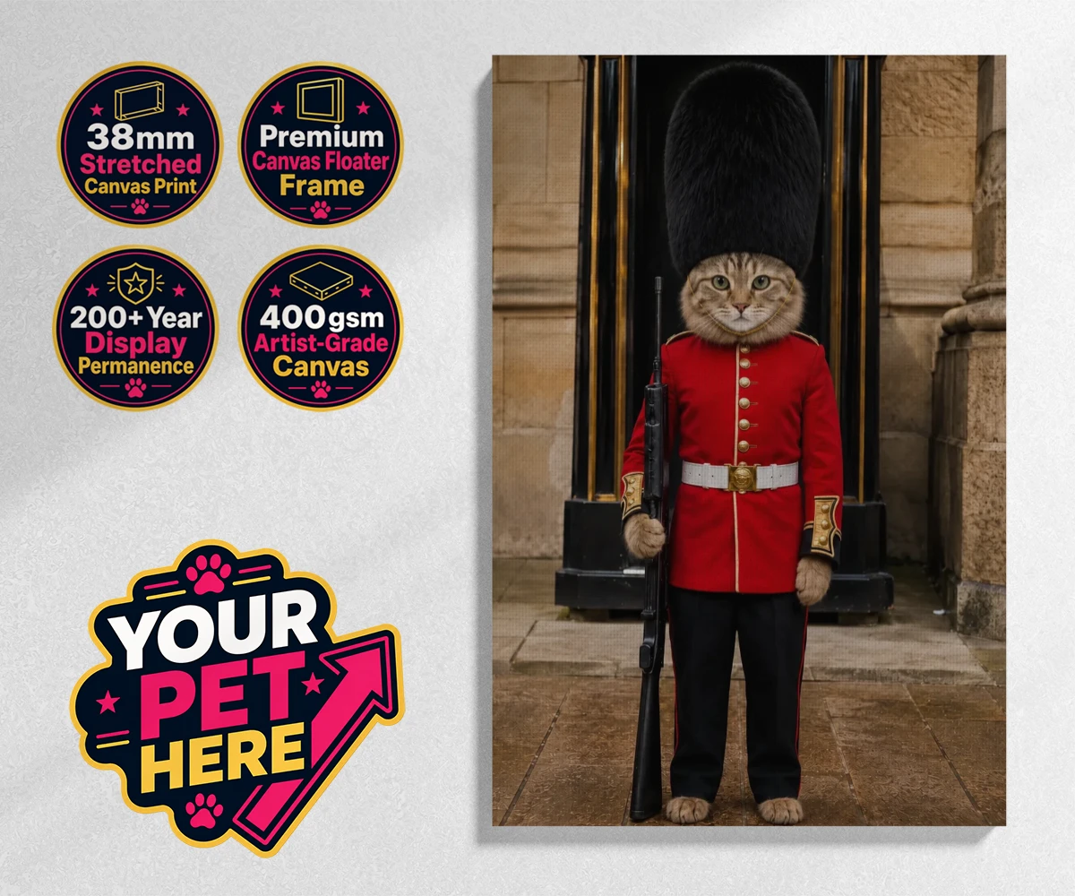 Personalised The Royal Paw Guard cat stretched canvas print