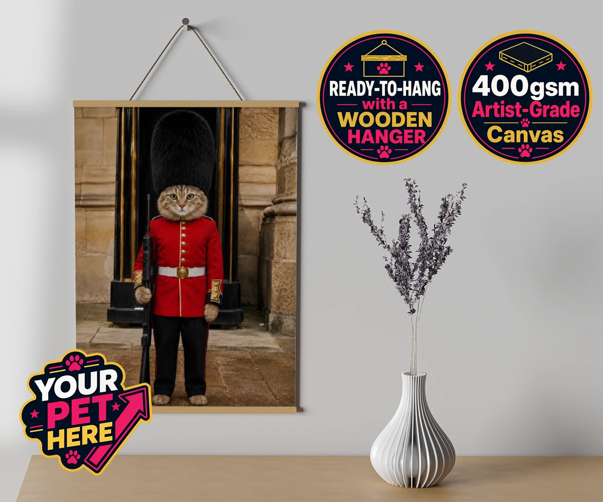 Personalised The Royal Paw Guard cat canvas poster prints with hanger