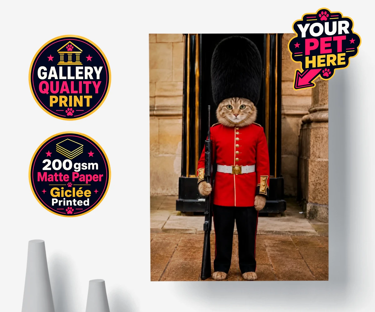 Personalised poster print of The Royal Paw Guard cat, dressed in royal attire on a throne