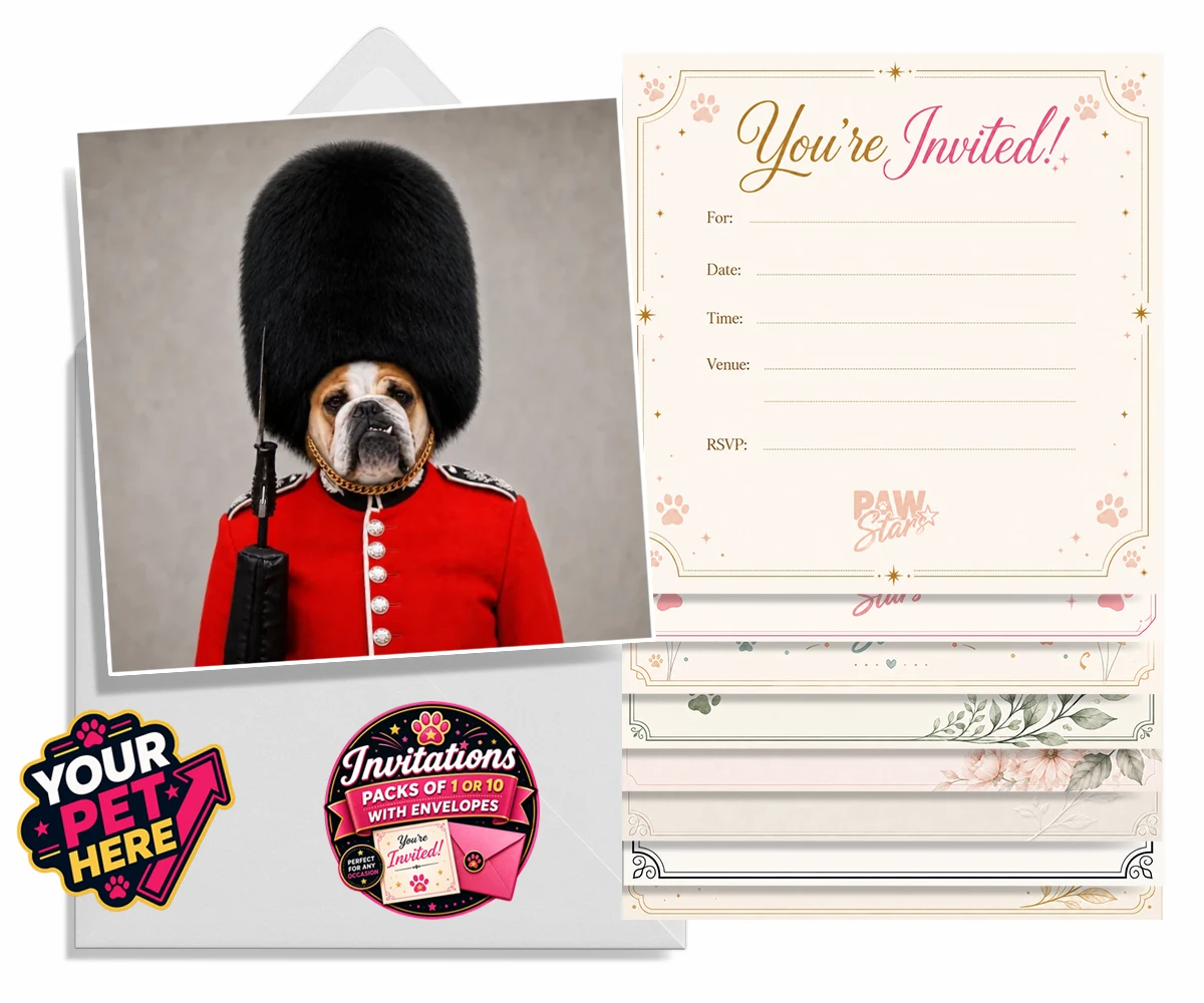 Personalised The Palace Paw Guard dog invitations featuring step into a world of royal charm with The Palace Paw Guard, an enchant