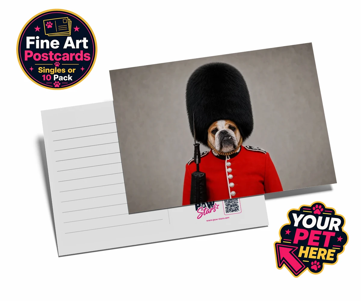Personalised The Palace Paw Guard dog postcards featuring step into a world of royal charm with The Palace Paw Guard, an enchant