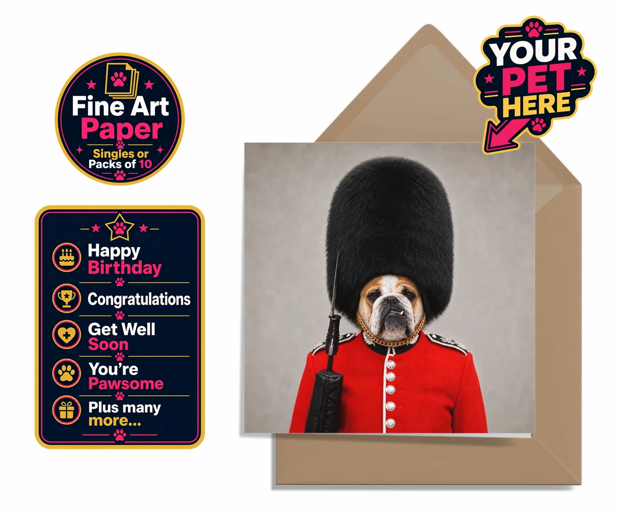 Personalised The Palace Paw Guard dog premium greetings cards featuring step into a world of royal charm with The Palace Paw Guard, an enchant