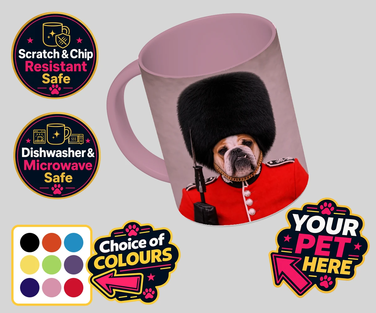 Personalised The Palace Paw Guard dog coloured photo mugs featuring step into a world of royal charm with The Palace Paw Guard, an enchant