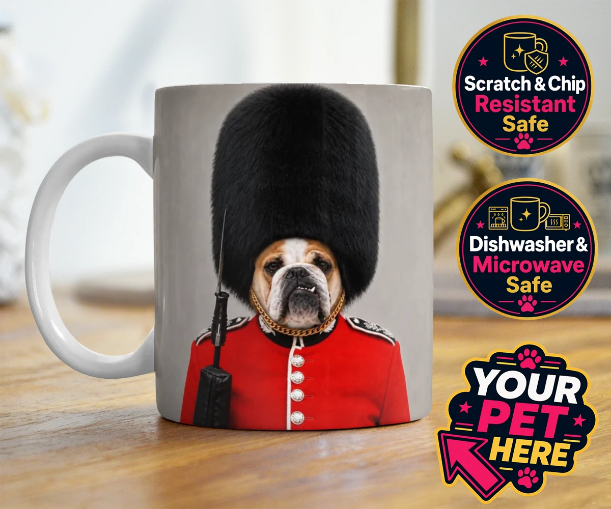 Personalised The Palace Paw Guard dog photo mugs featuring step into a world of royal charm with The Palace Paw Guard, an enchant