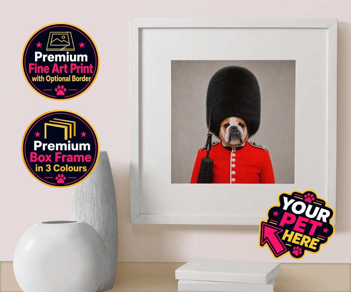 Personalised The Palace Paw Guard dog box framed print featuring step into a world of royal charm with The Palace Paw Guard, an enchant