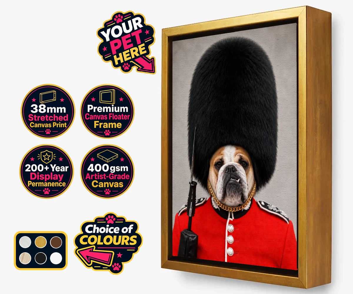 Personalised The Palace Paw Guard dog framed canvas print featuring step into a world of royal charm with The Palace Paw Guard, an enchant