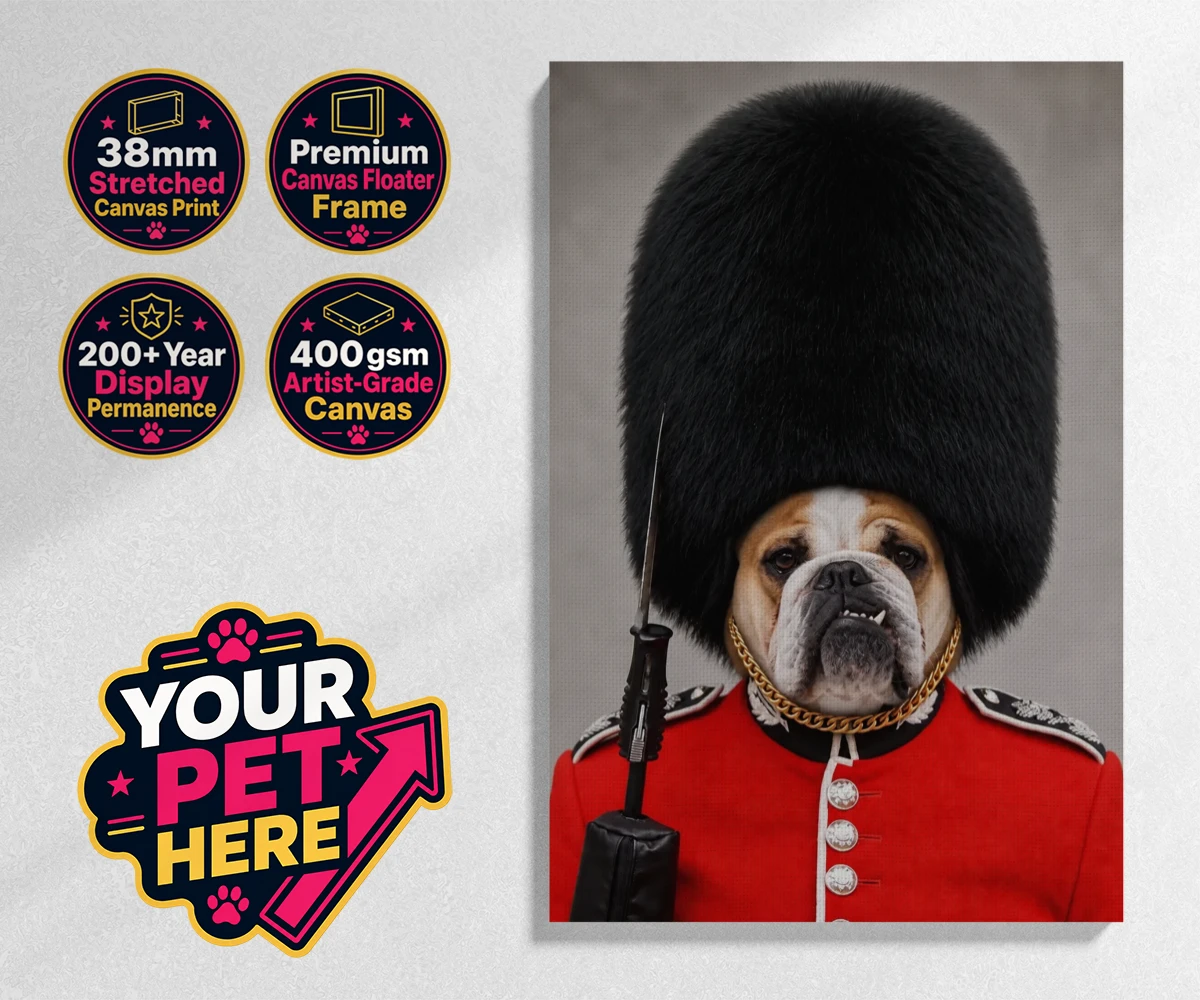 Personalised The Palace Paw Guard dog stretched canvas print featuring step into a world of royal charm with The Palace Paw Guard, an enchant