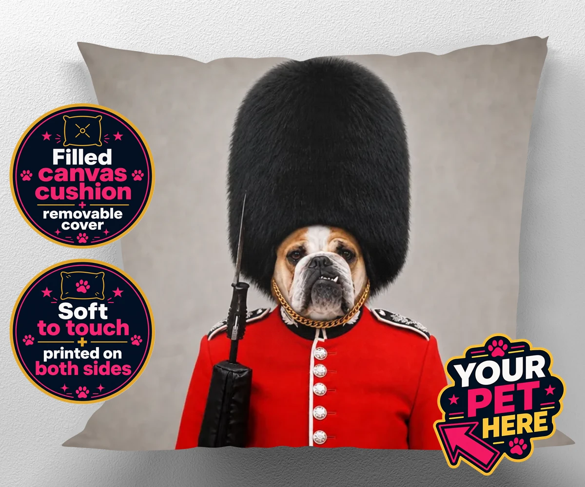 Personalised The Palace Paw Guard dog canvas cushions featuring step into a world of royal charm with The Palace Paw Guard, an enchant
