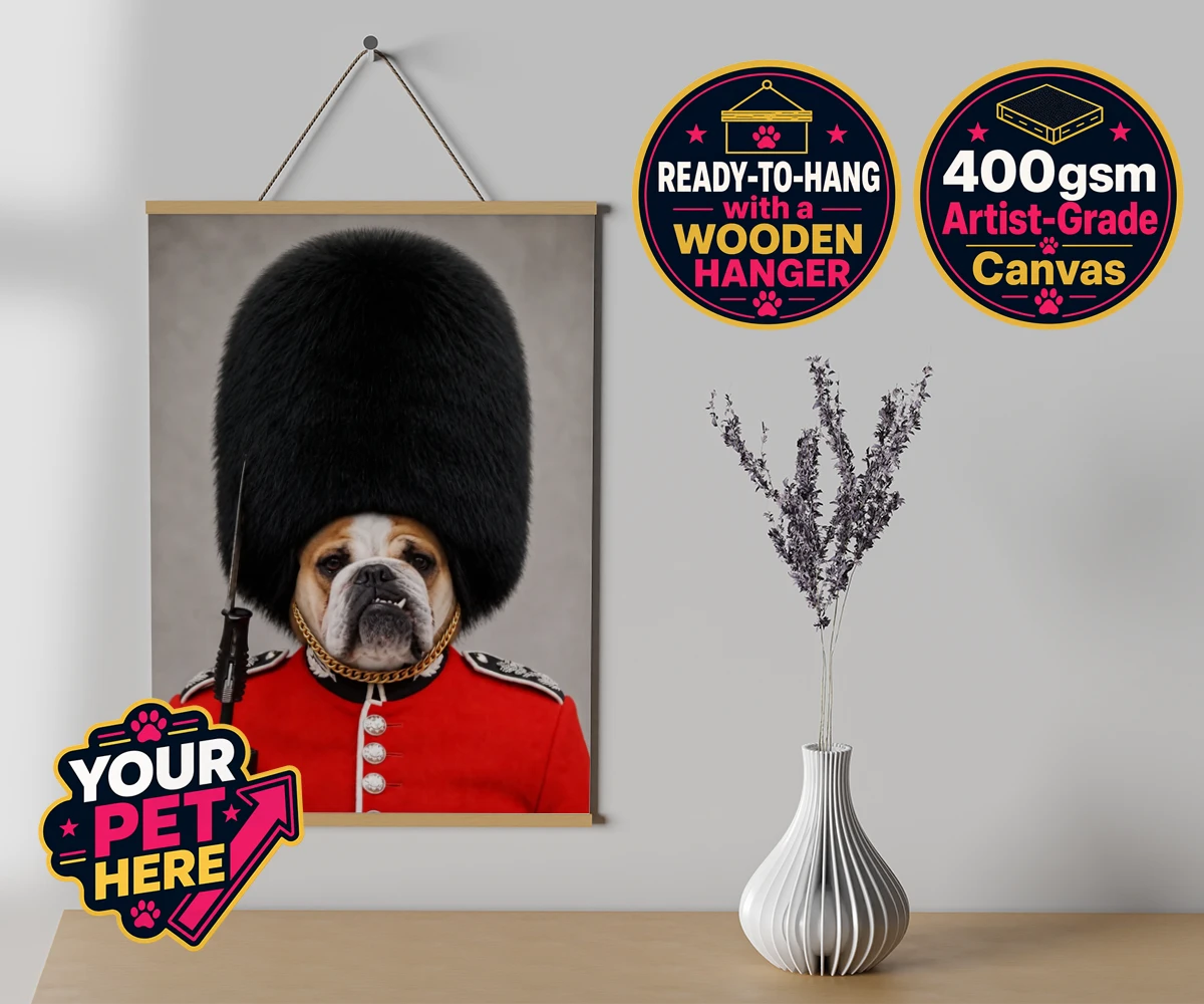 Personalised The Palace Paw Guard dog canvas poster prints with hanger featuring where majesty meets your beloved canine companion in a delightful port