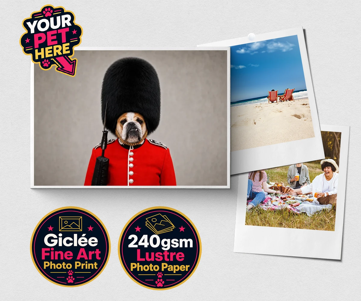 Personalised The Palace Paw Guard dog premium photo print featuring where majesty meets your beloved canine companion in a delightful port
