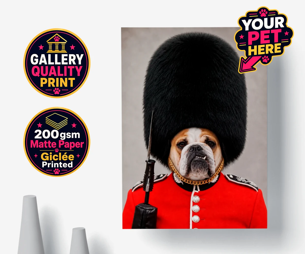 Personalised Palace Paw Guard dog poster print featuring a dog in a red military uniform and bearskin hat
