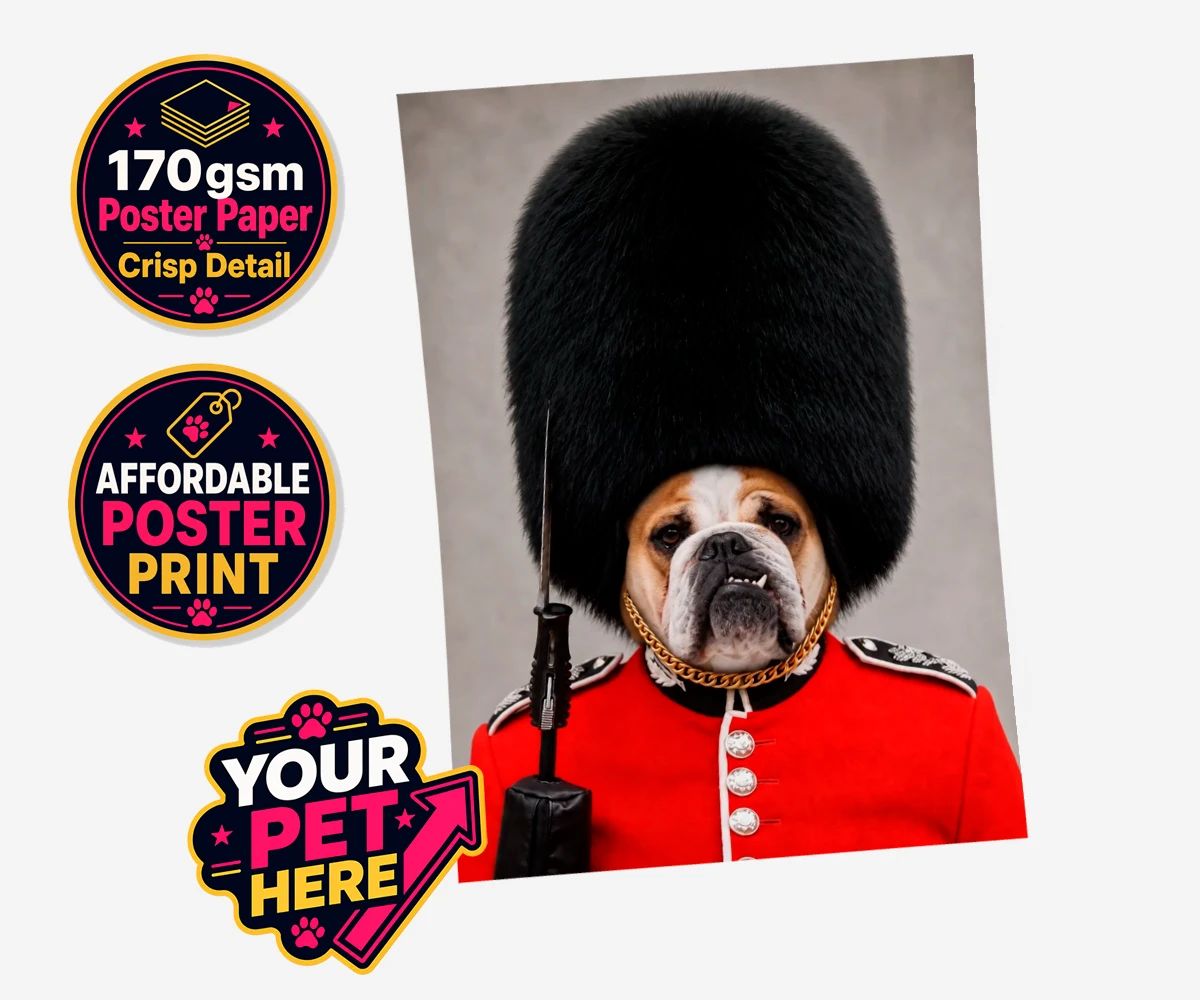 Personalised The Palace Paw Guard dog standard poster print featuring where majesty meets your beloved canine companion in a delightful port