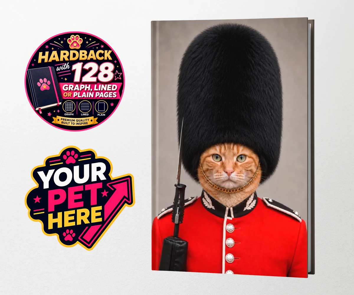 Personalised The Palace Paw Guard cat hardback notebooks featuring a delightfully dapper feline ready to rule any household with regal ch