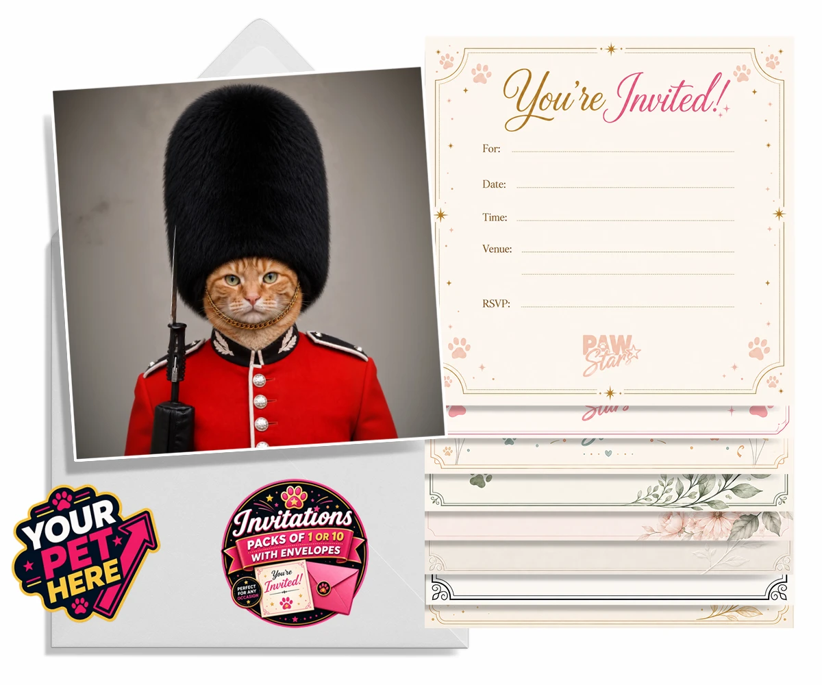 Personalised The Palace Paw Guard cat invitations featuring a delightfully dapper feline ready to rule any household with regal ch