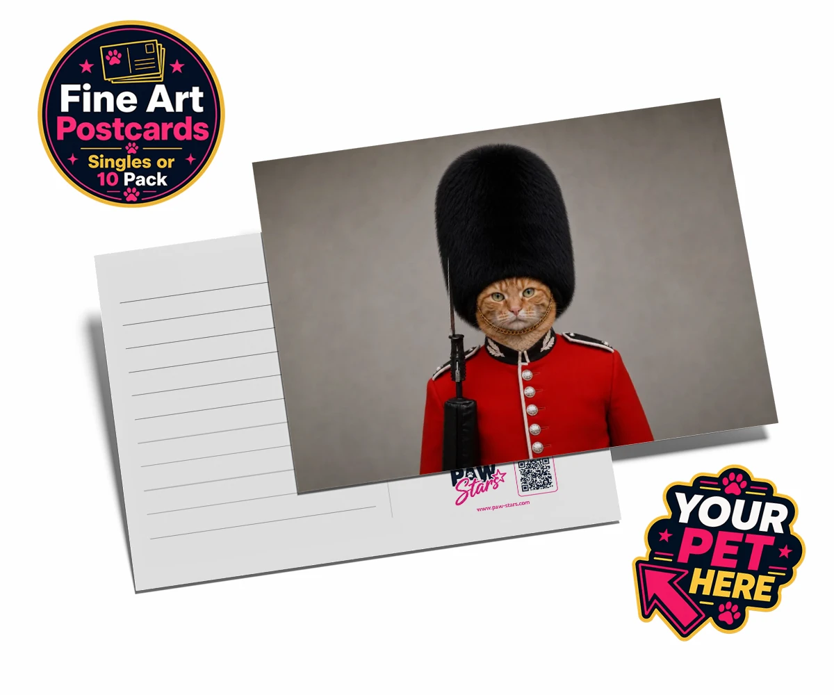 Personalised The Palace Paw Guard cat postcards featuring a delightfully dapper feline ready to rule any household with regal ch