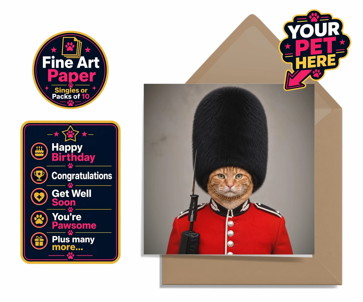 Personalised The Palace Paw Guard cat premium greetings cards featuring a delightfully dapper feline ready to rule any household with regal ch