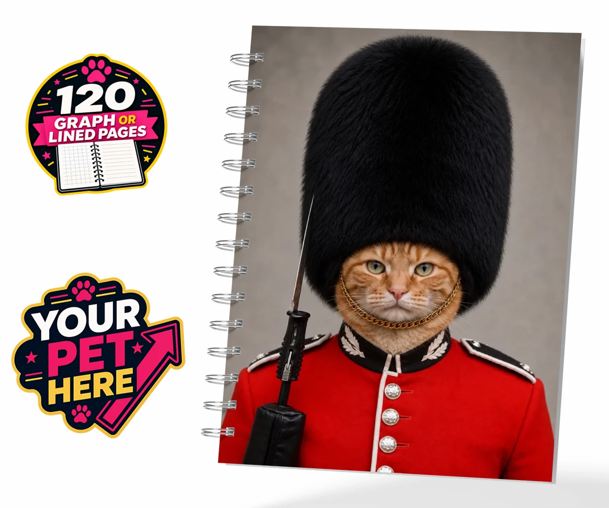 Personalised The Palace Paw Guard cat spiral notebook featuring a delightfully dapper feline ready to rule any household with regal ch