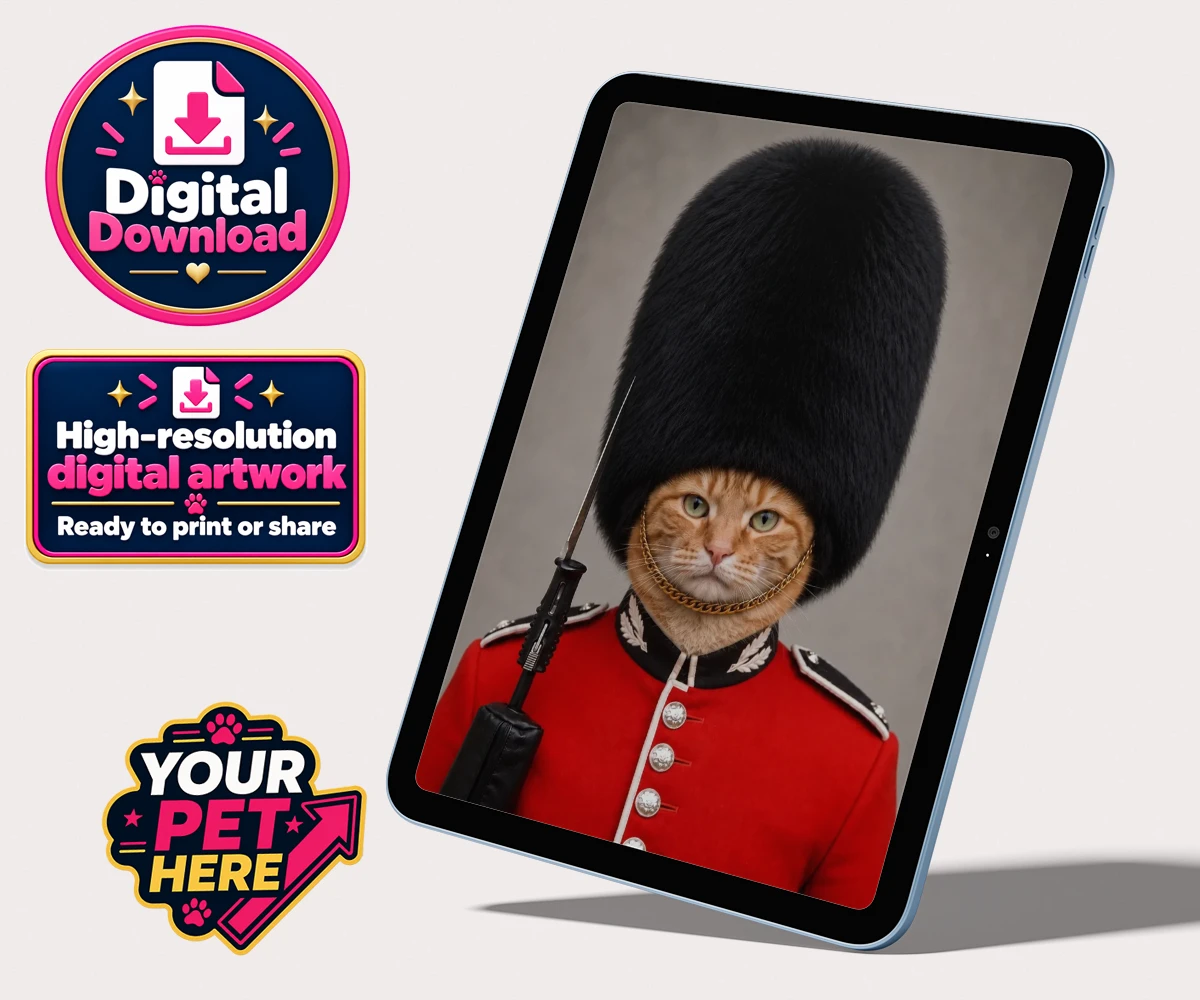 Personalised The Palace Paw Guard cat personalised digital downloads featuring a delightfully dapper feline ready to rule any household with regal ch