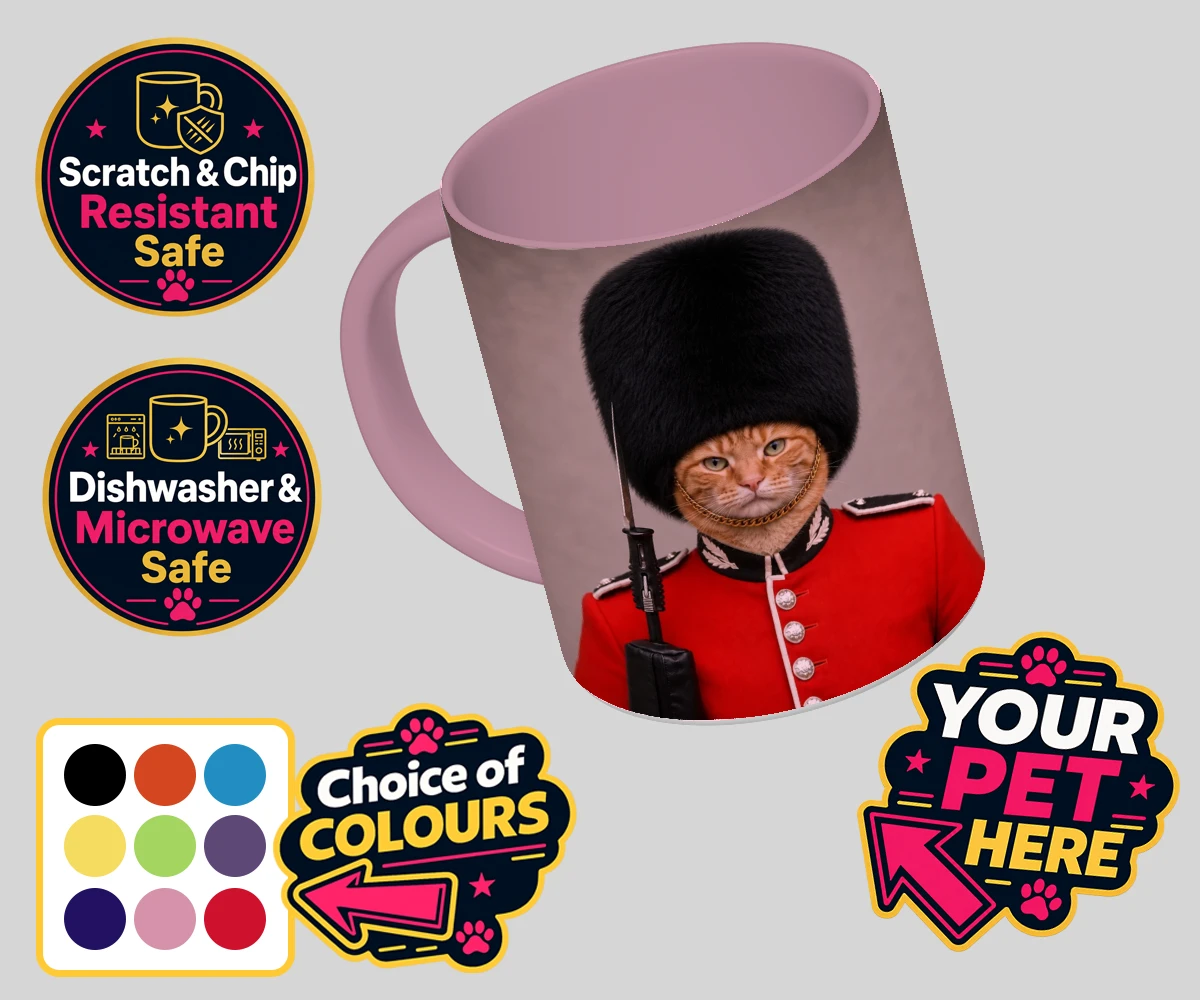 Personalised The Palace Paw Guard cat coloured photo mugs featuring a delightfully dapper feline ready to rule any household with regal ch