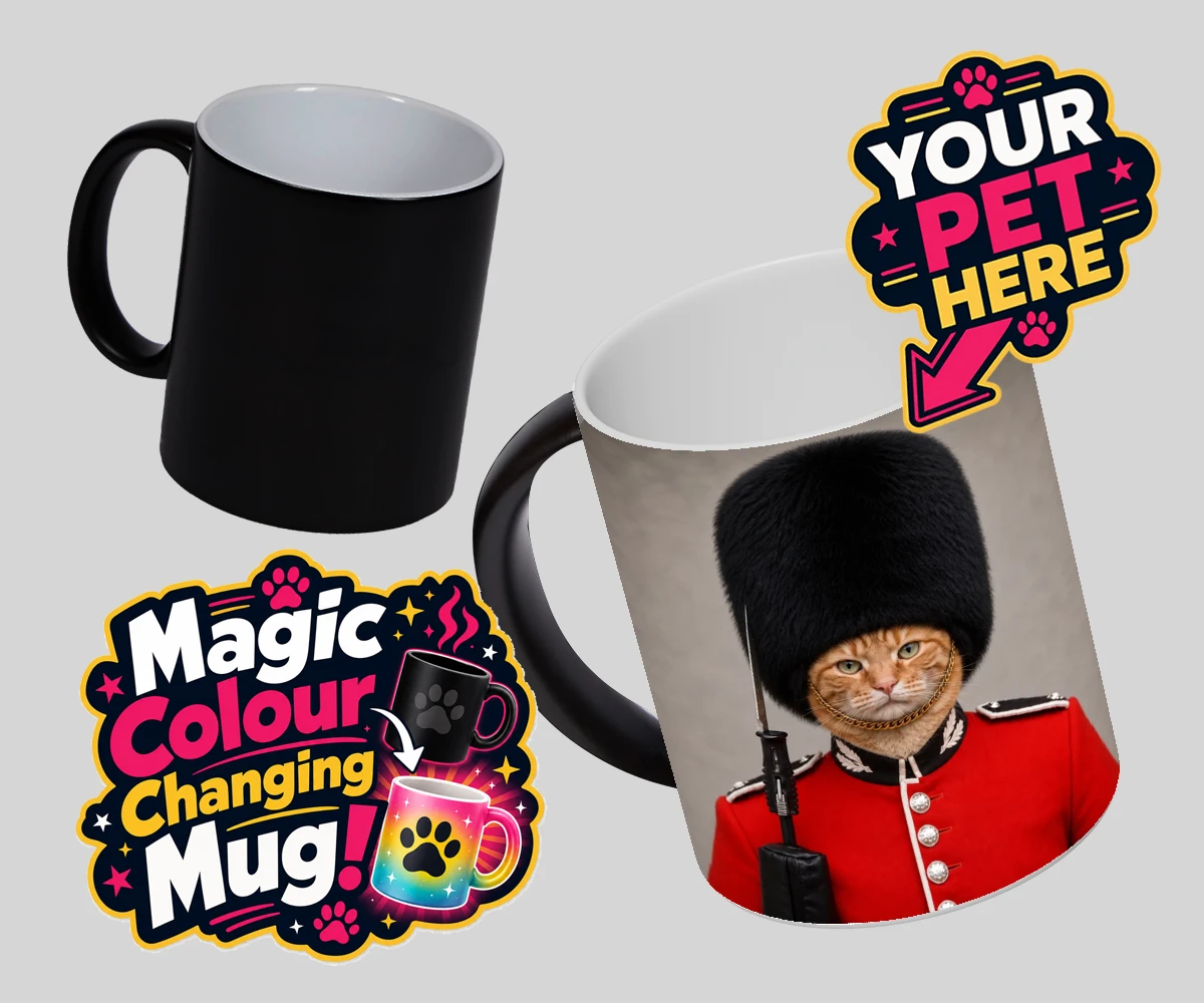 Personalised The Palace Paw Guard cat magic photo mugs featuring a delightfully dapper feline ready to rule any household with regal ch
