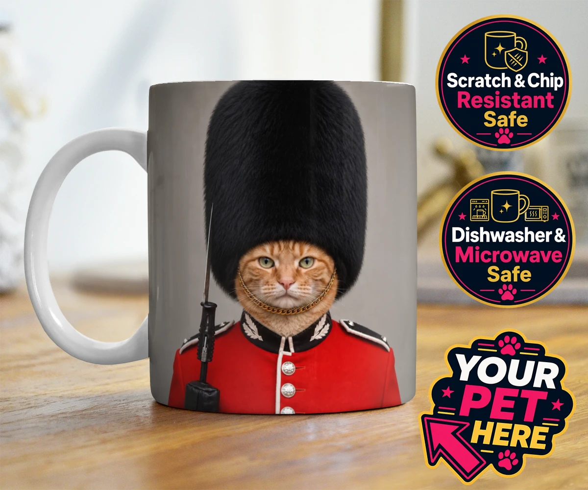 Personalised The Palace Paw Guard cat photo mugs featuring a delightfully dapper feline ready to rule any household with regal ch