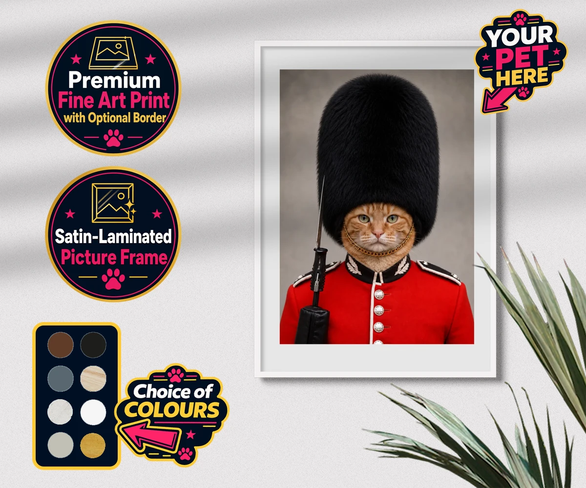 Personalised The Palace Paw Guard cat premium framed print featuring a delightfully dapper feline ready to rule any household with regal ch