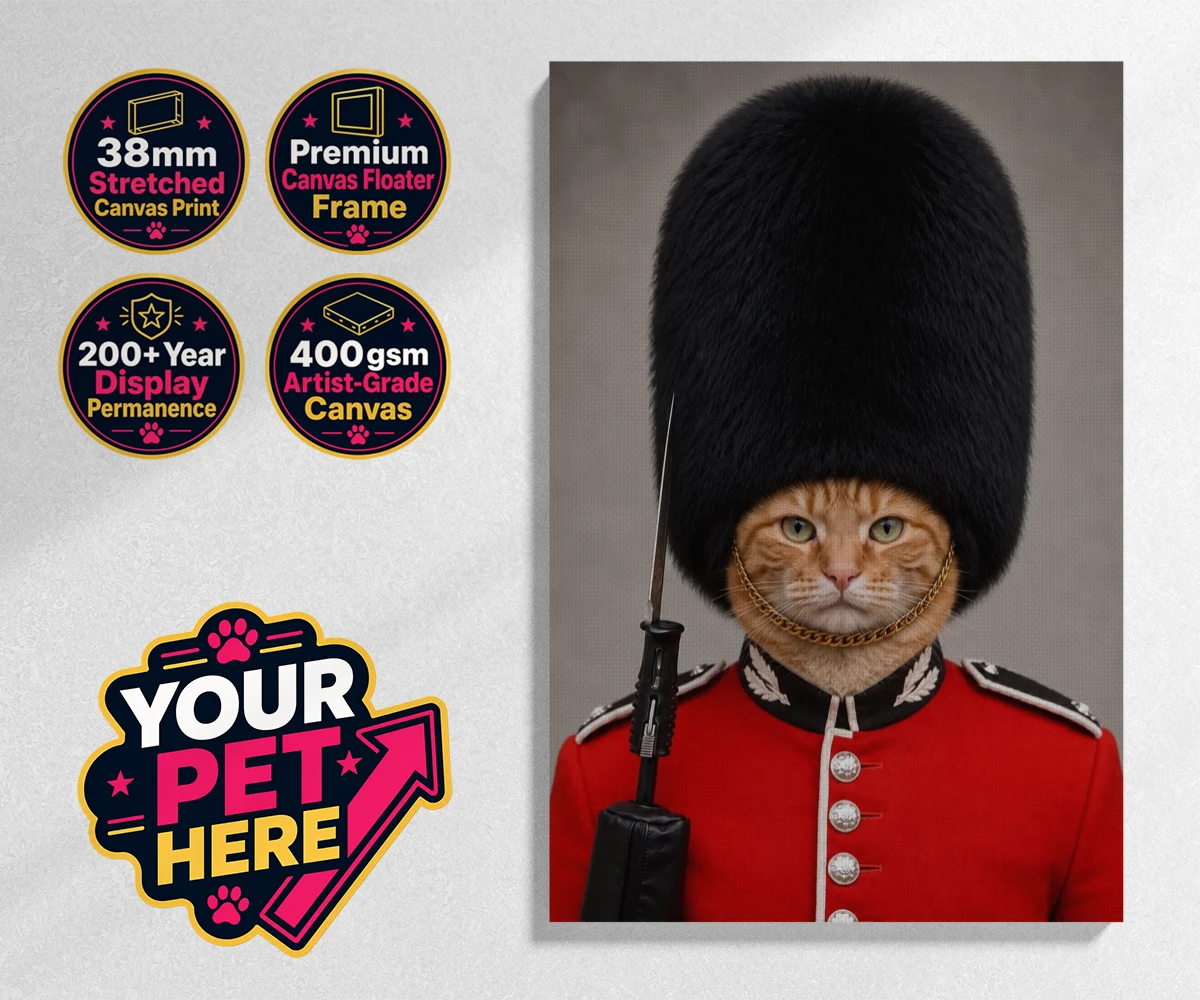 Personalised The Palace Paw Guard cat stretched canvas print featuring a delightfully dapper feline ready to rule any household with regal ch