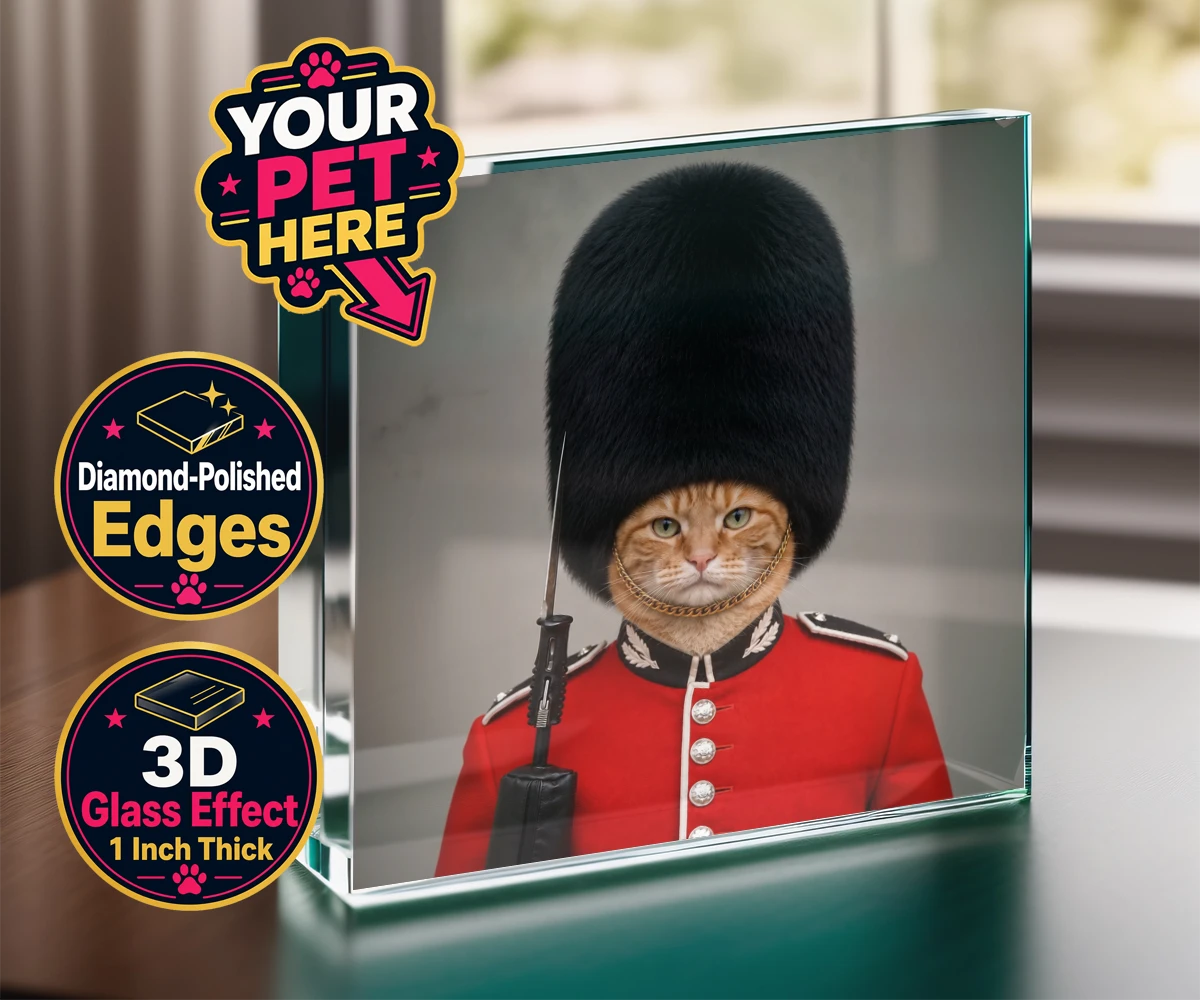Personalised The Palace Paw Guard cat acrylic prisms featuring a delightfully dapper feline ready to rule any household with regal ch