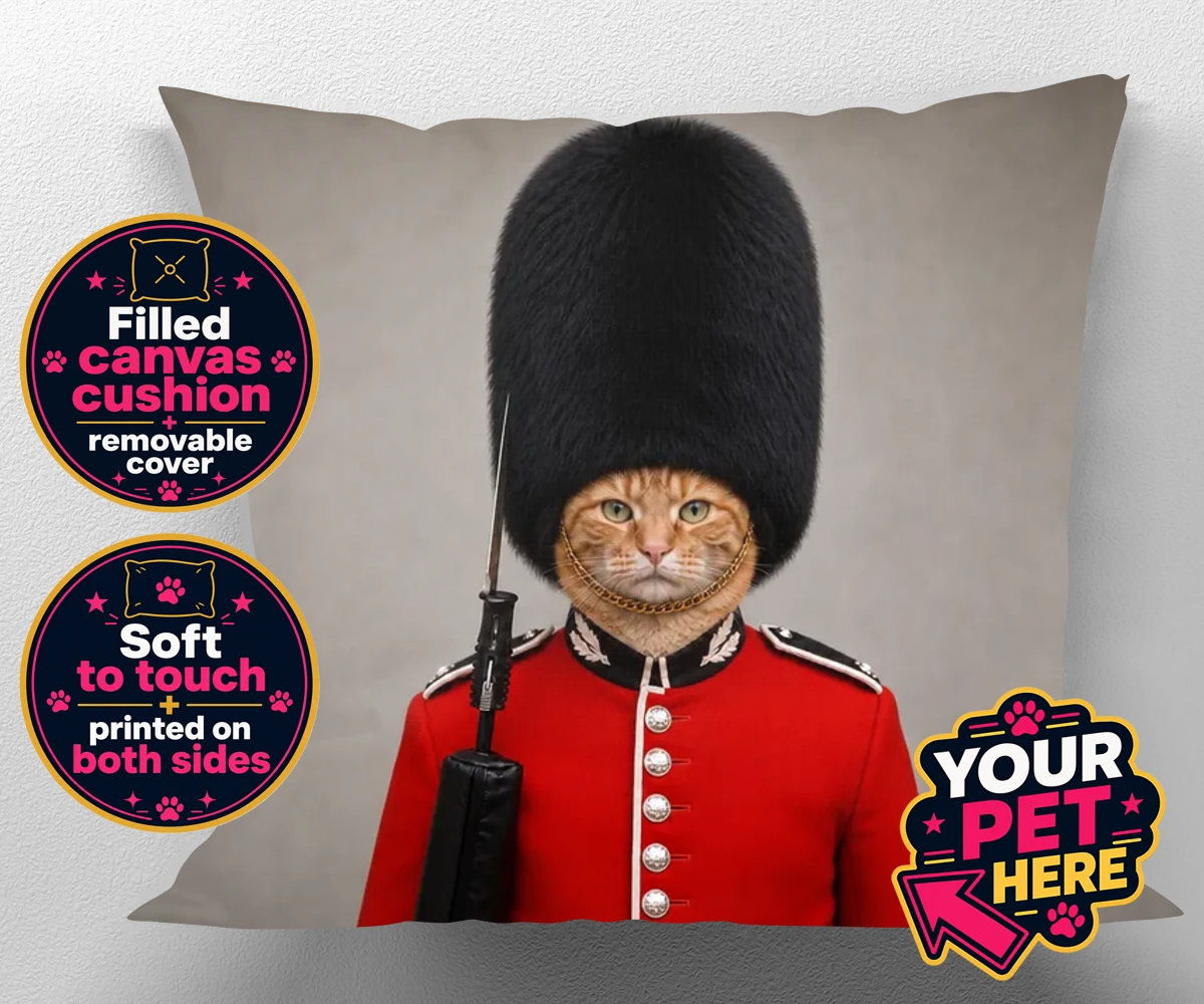 Personalised The Palace Paw Guard cat canvas cushions featuring a delightfully dapper feline ready to rule any household with regal ch