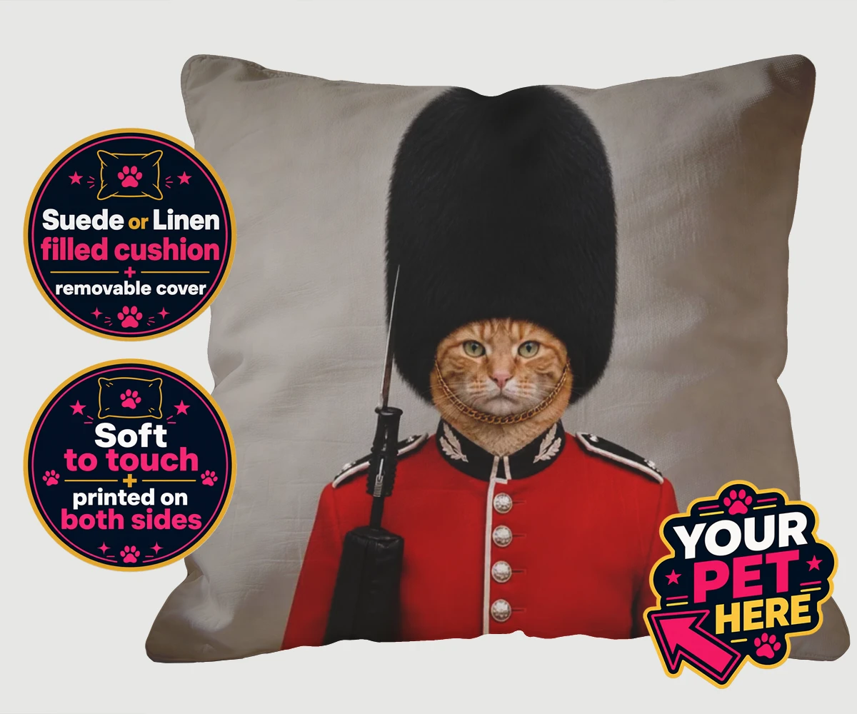 Personalised The Palace Paw Guard cat cushions featuring a delightfully dapper feline ready to rule any household with regal ch