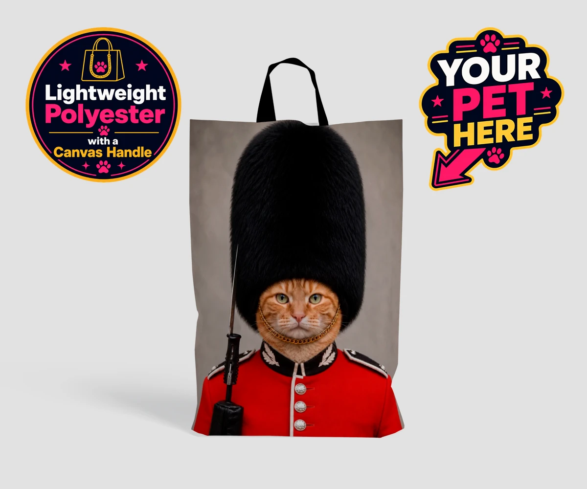 Personalised The Palace Paw Guard cat shopping bags featuring a delightfully dapper feline ready to rule any household with regal ch