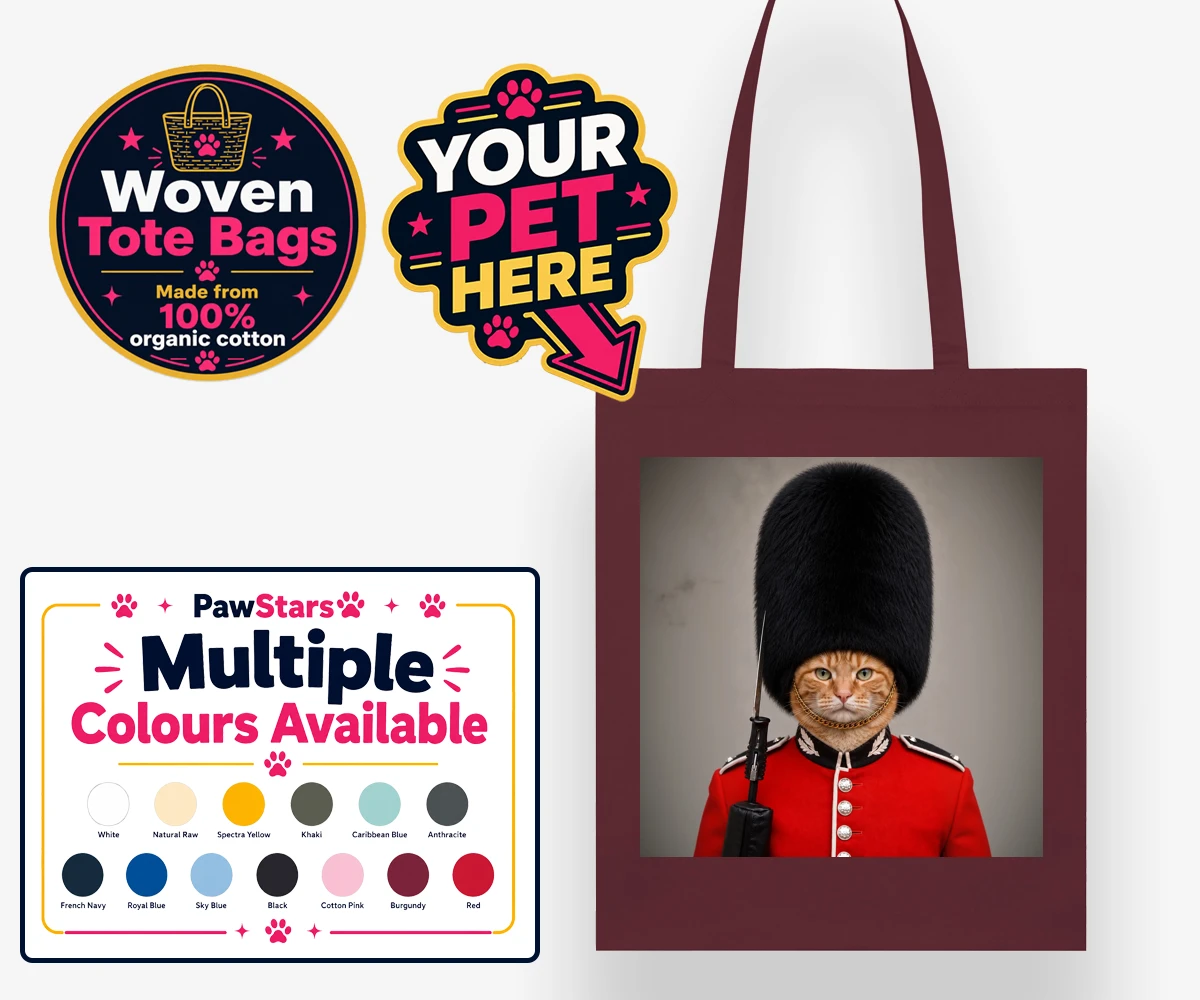 Personalised The Palace Paw Guard cat woven tote bags featuring a delightfully dapper feline ready to rule any household with regal ch
