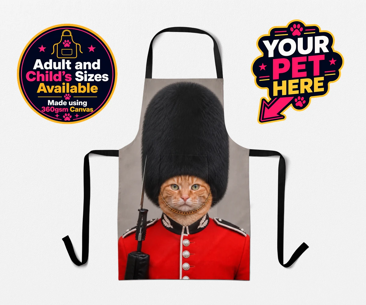 Personalised The Palace Paw Guard cat aprons featuring a delightfully dapper feline ready to rule any household with regal ch