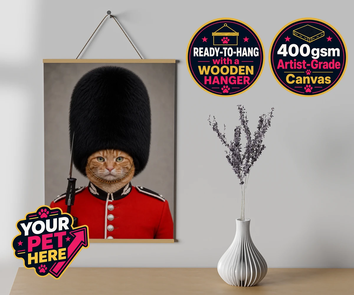 Personalised The Palace Paw Guard cat canvas poster prints with hanger featuring a delightfully dapper feline ready to rule any household with regal ch