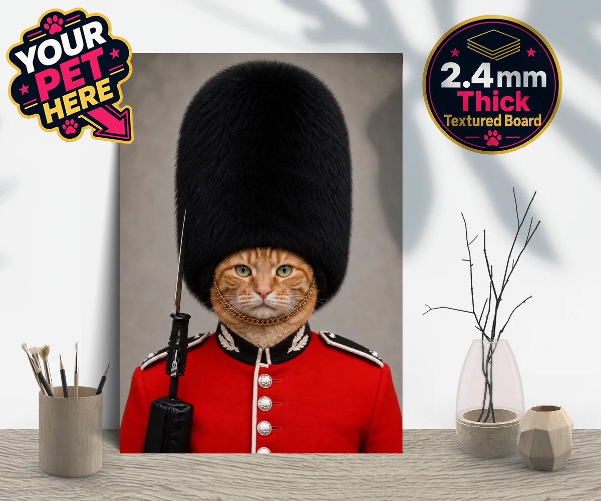 Personalised The Palace Paw Guard cat gallery boards featuring a delightfully dapper feline ready to rule any household with regal ch