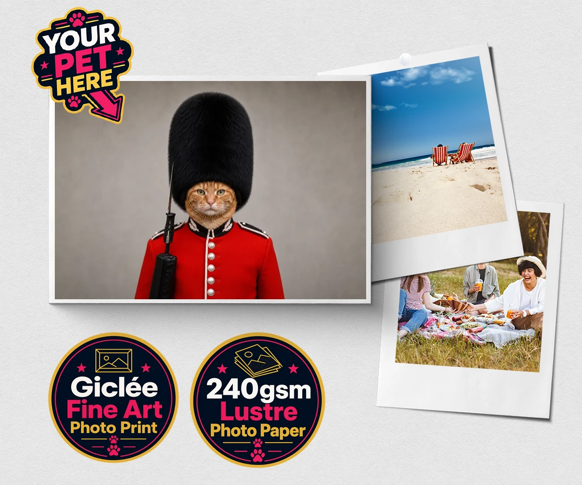 Personalised The Palace Paw Guard cat premium photo print featuring a delightfully dapper feline ready to rule any household with regal ch
