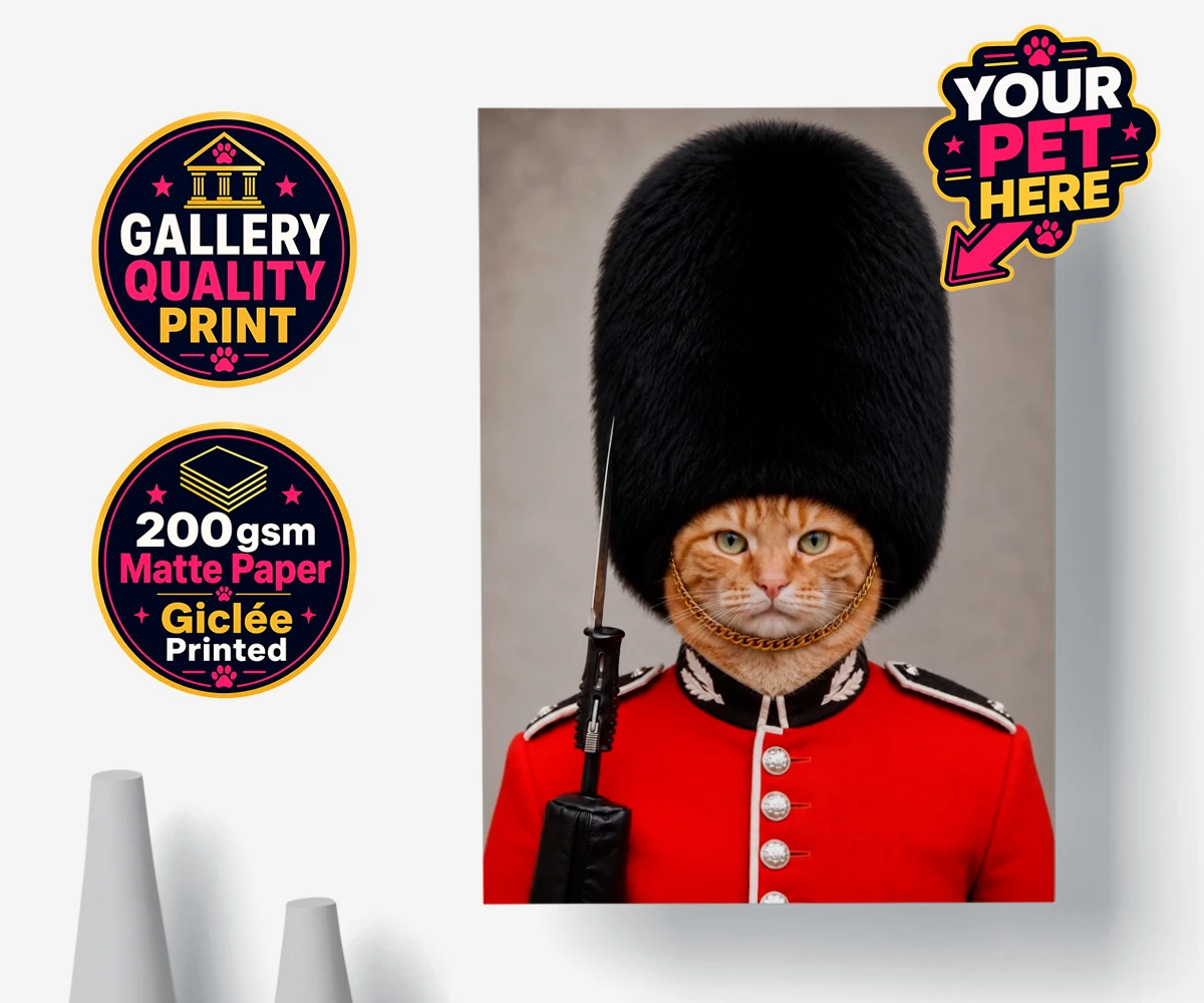Personalised poster print of The Palace Paw Guard cat in a red uniform with a bearskin hat