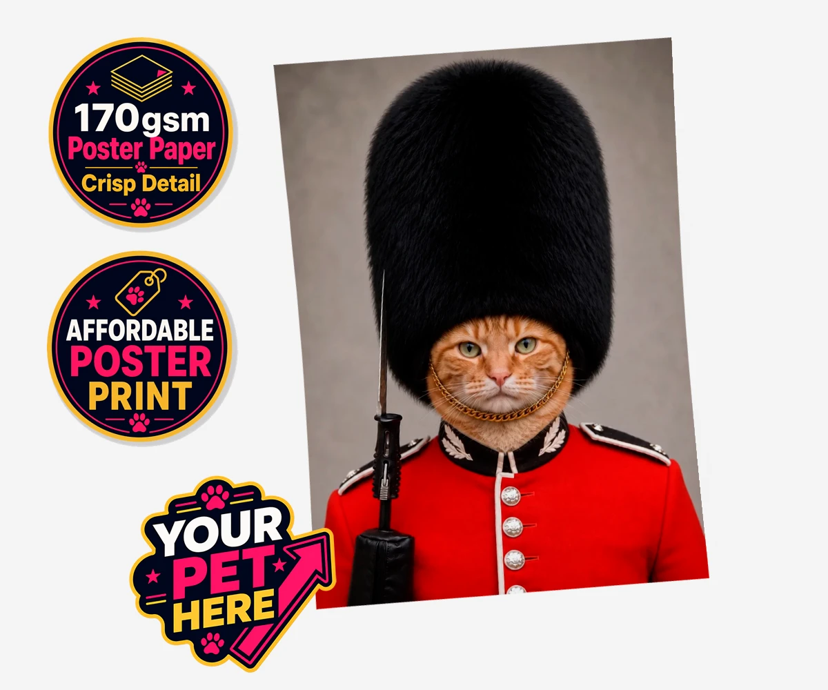 Personalised The Palace Paw Guard cat standard poster print featuring a delightfully dapper feline ready to rule any household with regal ch