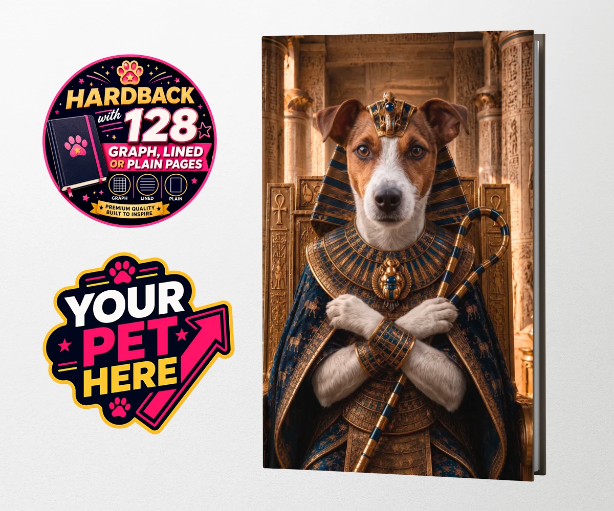 Personalised The Paw Pharaoh dog hardback notebooks featuring meet The Paw Pharaoh, a regal canine character fit for royalty!