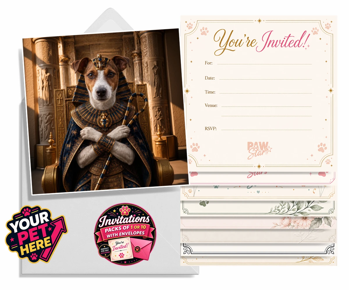 Personalised The Paw Pharaoh dog invitations featuring meet The Paw Pharaoh, a regal canine character fit for royalty!